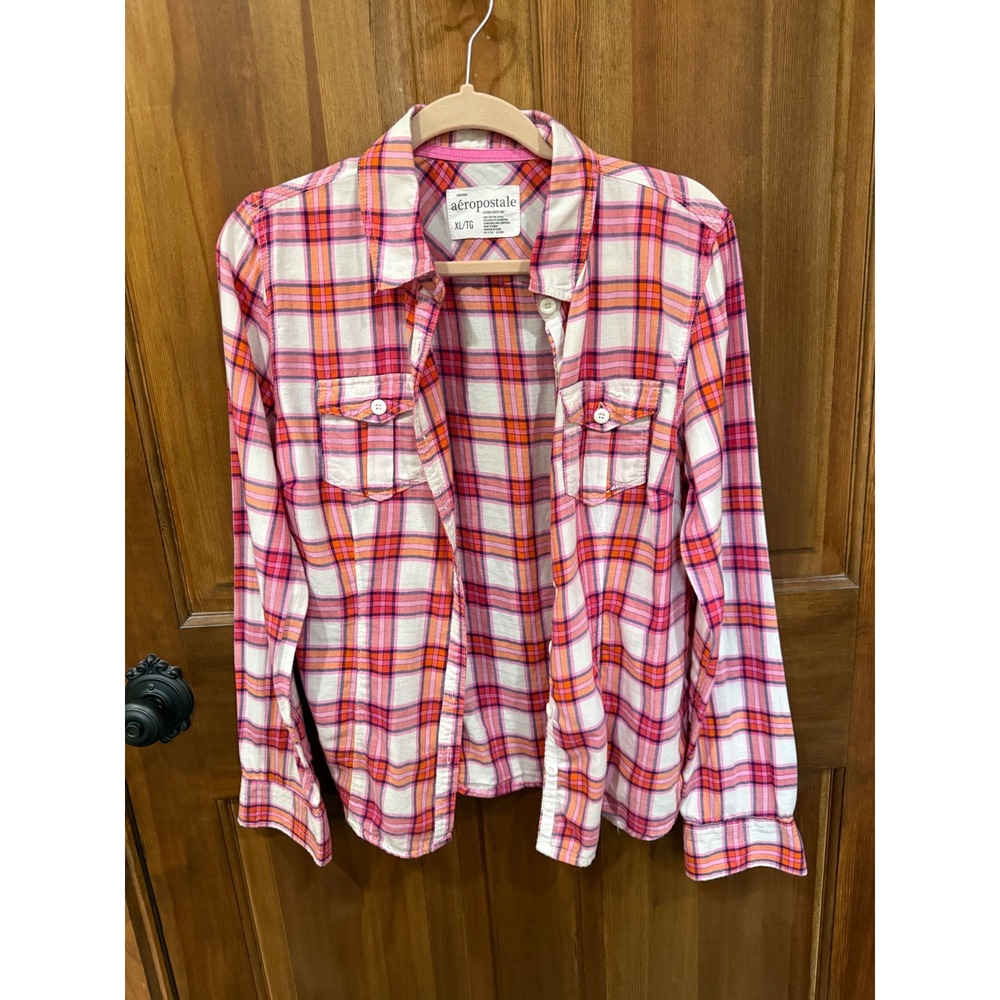 Aeropostale Womens Pink Orange Plaid‎ Long Sleeve Button Down Shirt XL Cotton